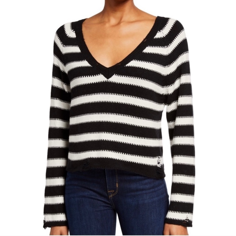 WILDFOX Leanne Striped Distressed Sweater V Neck Women Large NEW. 203